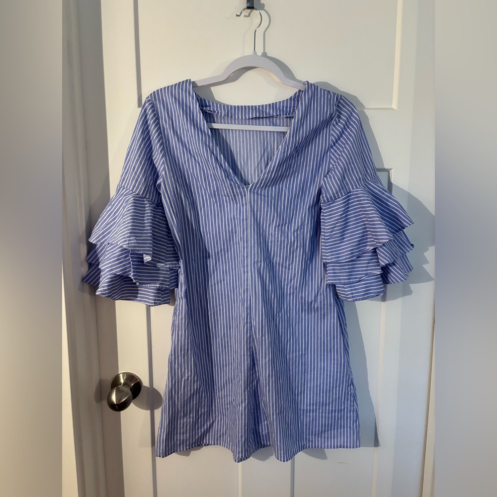 Blue Striped Ruffle Sleeve Dress